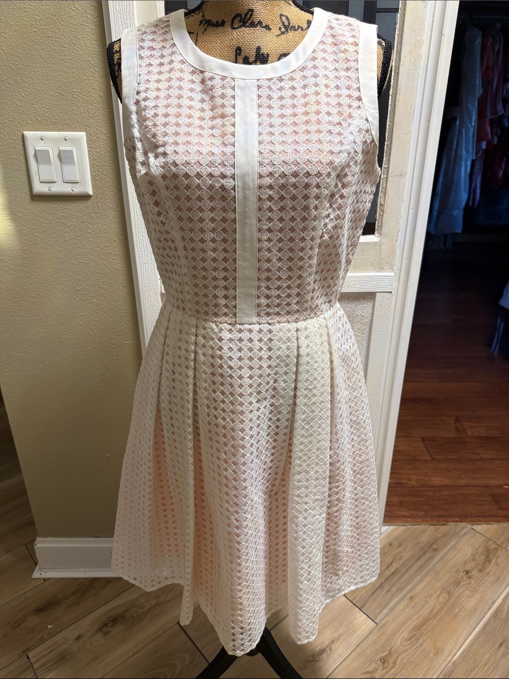 Tommy Hilfiger Sleeveless Lace Fit-and-Flare Dress in Light Pink and Cream